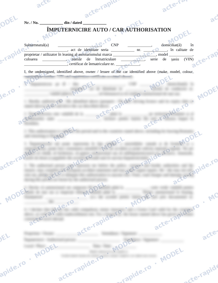 Model împuternicire auto bilingvă: prima pagină a modelului, parțial încețoșată