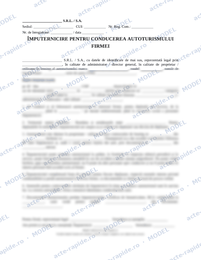 Model împuternicire auto firmă: prima pagină a modelului, parțial încețoșată