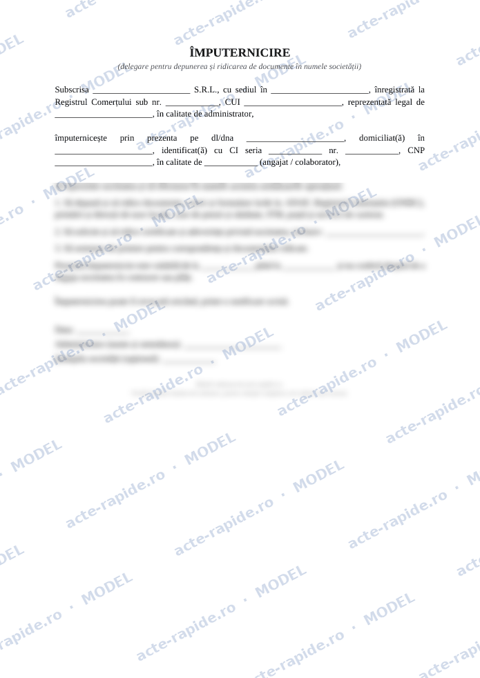 Model împuternicire de la firmă pentru delegat: prima pagină a modelului, parțial încețoșată