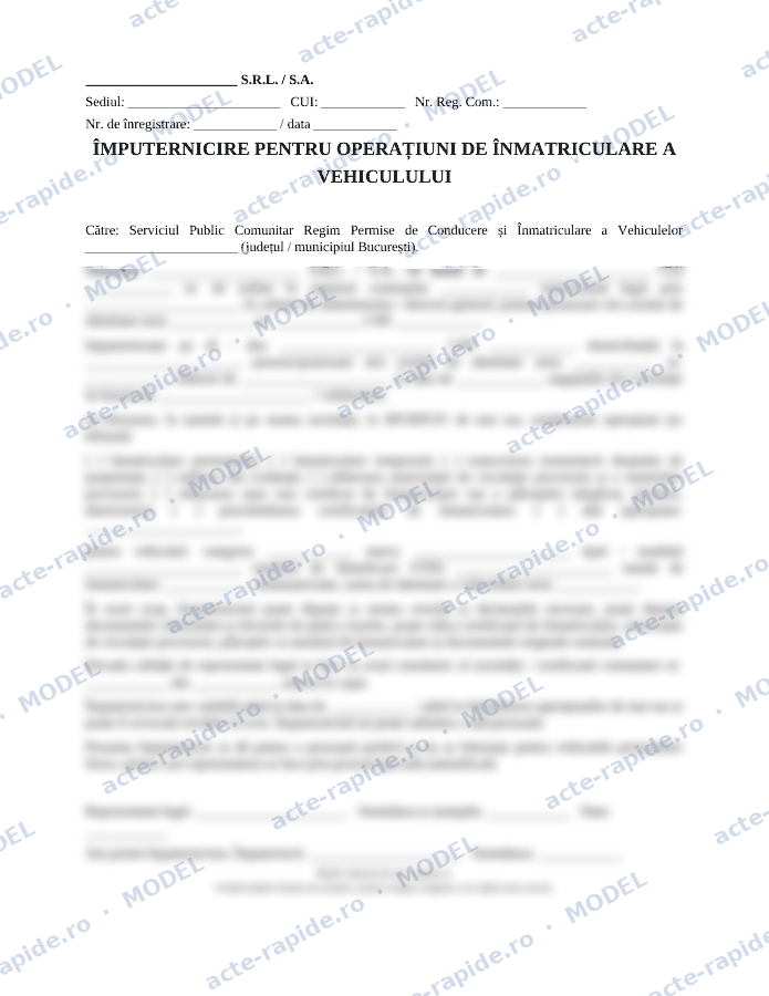 Model împuternicire pentru înmatricularea vehiculului firmei: prima pagină a modelului, parțial încețoșată