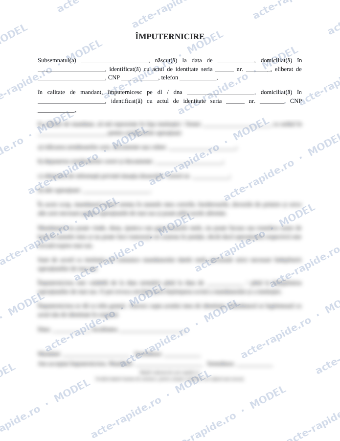 Model împuternicire persoană fizică: prima pagină a modelului, parțial încețoșată