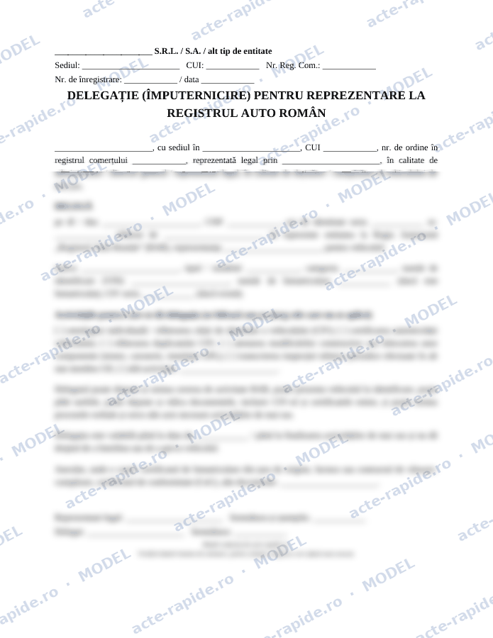 Model împuternicire RAR: prima pagină a modelului, parțial încețoșată