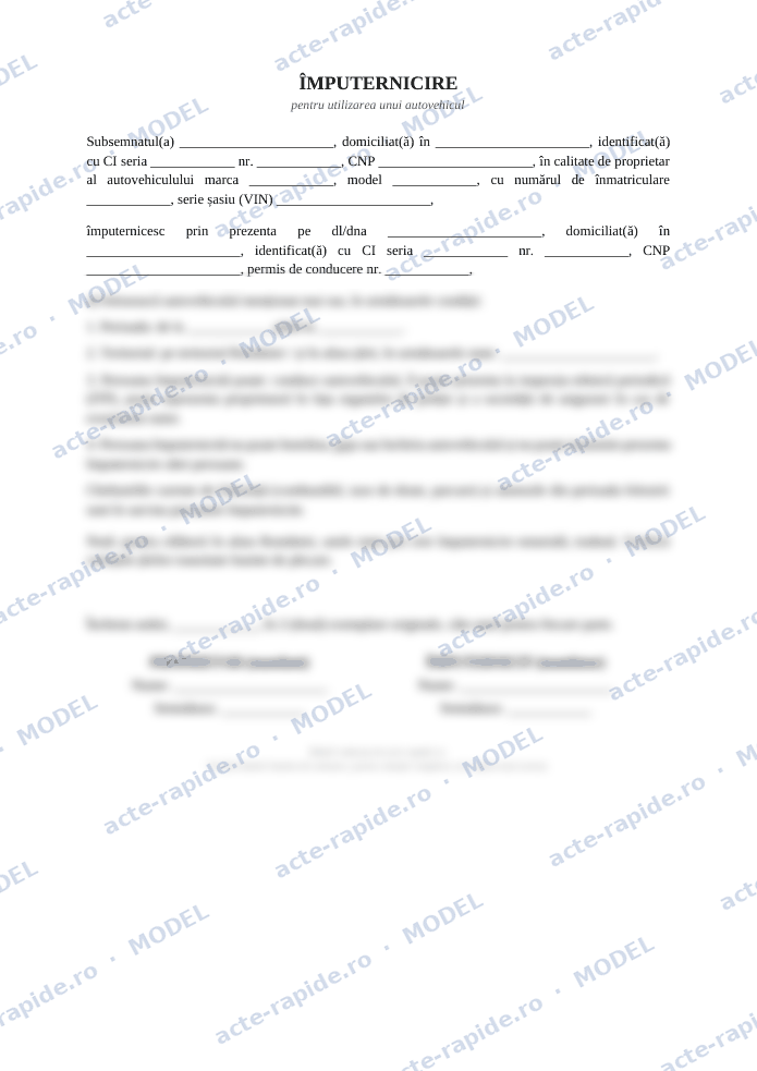 Model împuternicire auto: prima pagină a modelului, parțial încețoșată