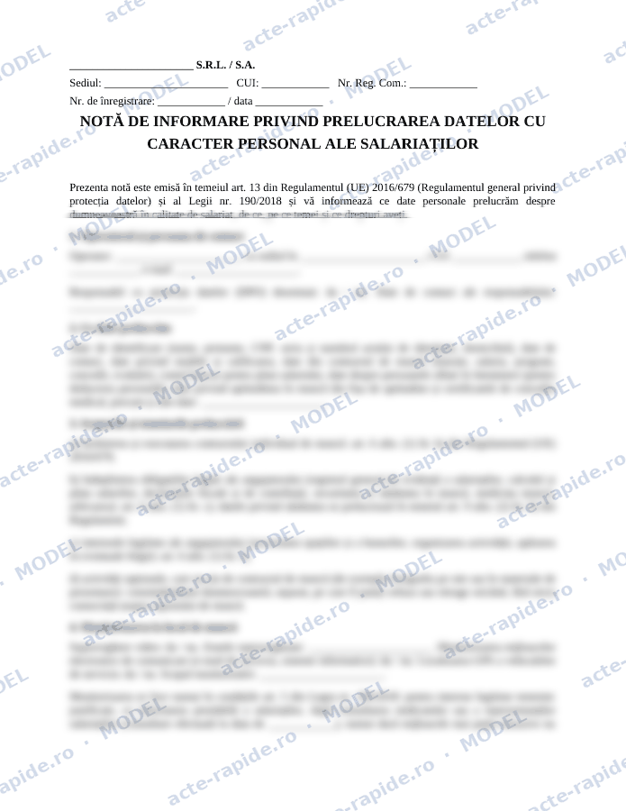 Model notă de informare GDPR pentru salariați: prima pagină a modelului, parțial încețoșată