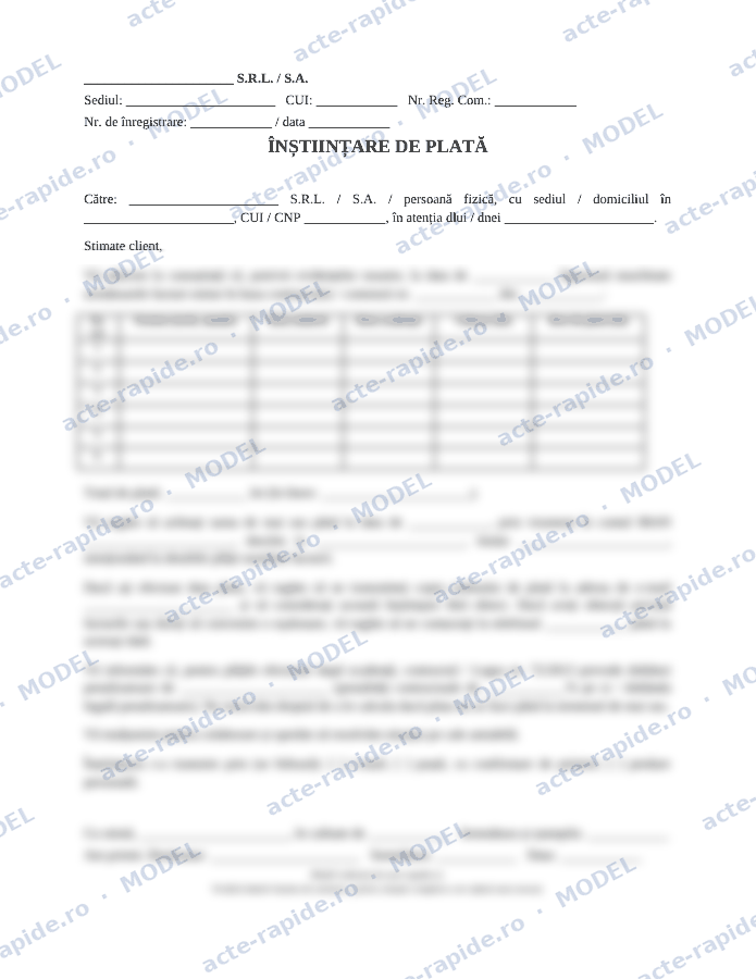 Model înștiințare de plată: prima pagină a modelului, parțial încețoșată