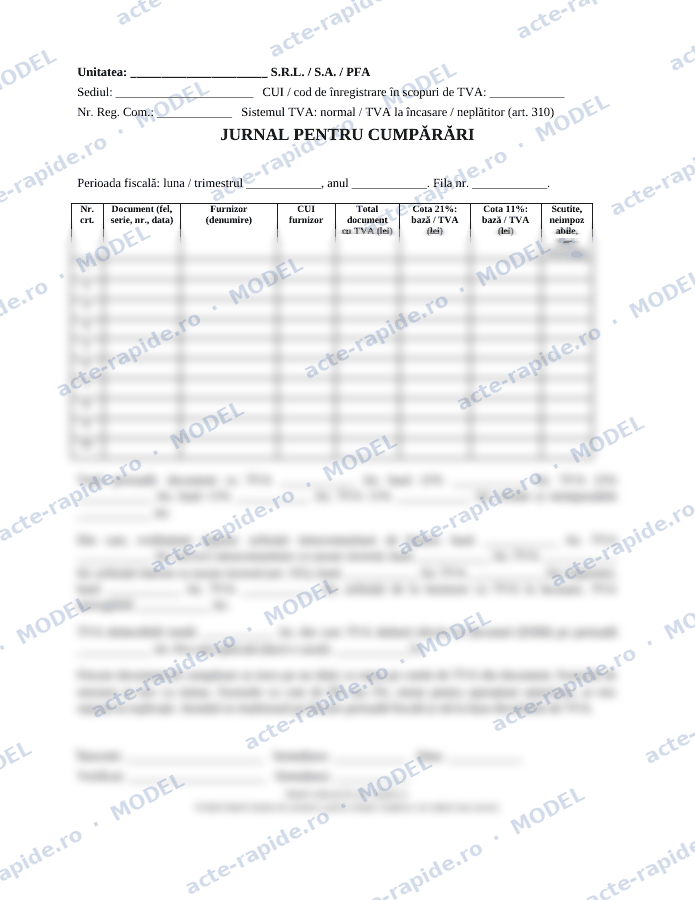 Model jurnal de cumpărări: prima pagină a modelului, parțial încețoșată
