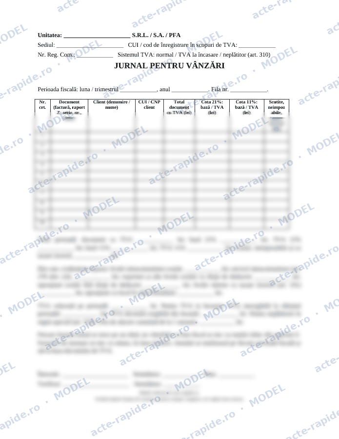 Model jurnal de vânzări: prima pagină a modelului, parțial încețoșată