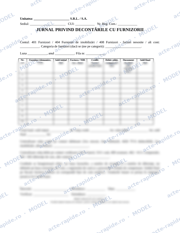 Model jurnal privind decontările cu furnizorii: prima pagină a modelului, parțial încețoșată