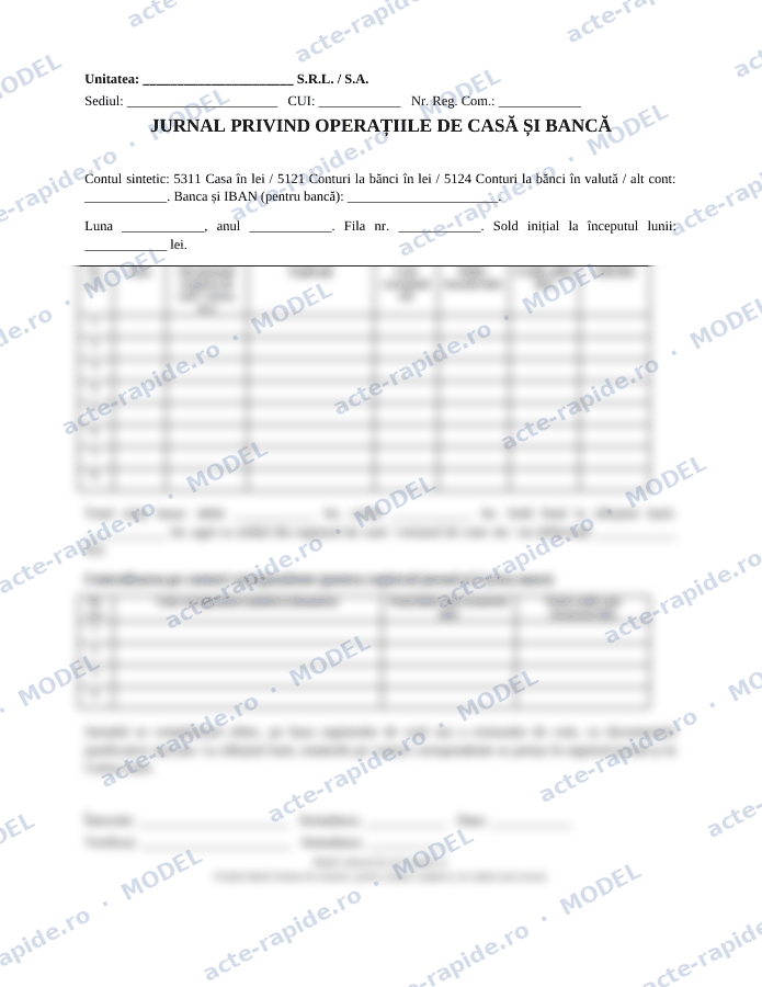 Model jurnal privind operațiile de casă și bancă: prima pagină a modelului, parțial încețoșată