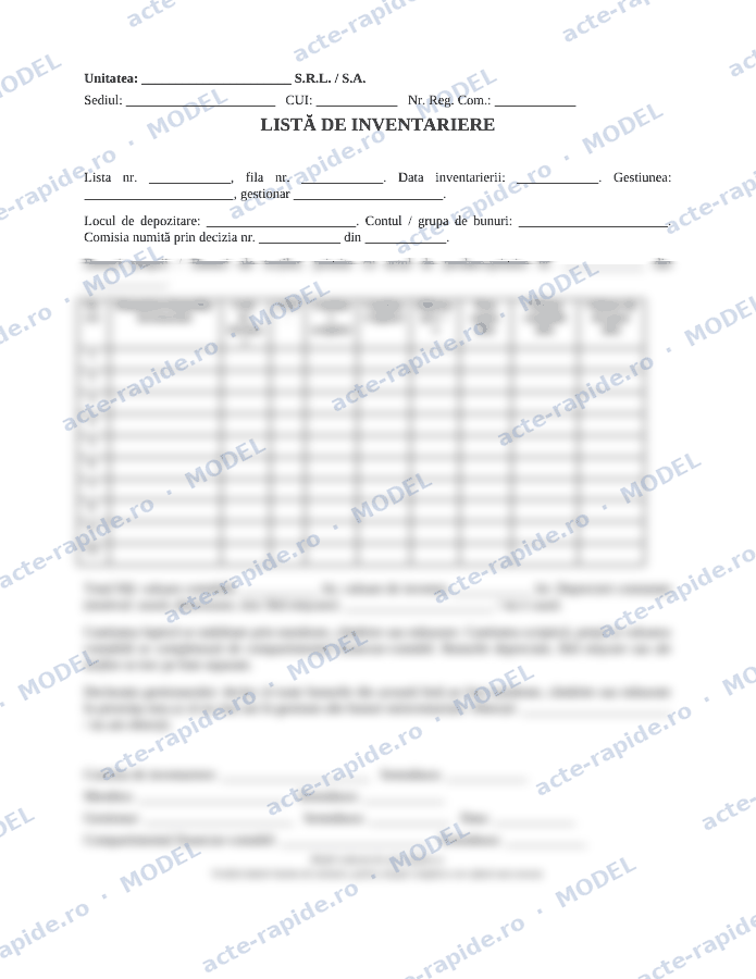 Model listă de inventariere: prima pagină a modelului, parțial încețoșată