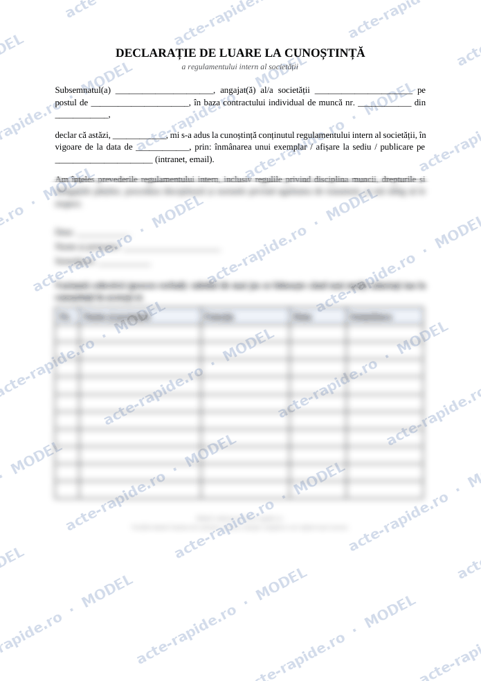Model luare la cunoștință a regulamentului intern: prima pagină a modelului, parțial încețoșată
