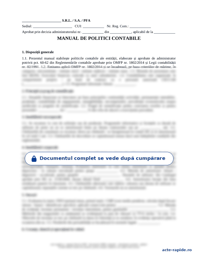 Model manual de politici contabile: prima pagină a modelului, parțial încețoșată