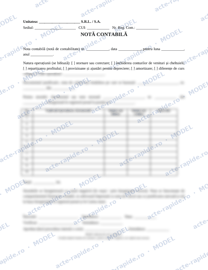 Model notă contabilă: prima pagină a modelului, parțial încețoșată