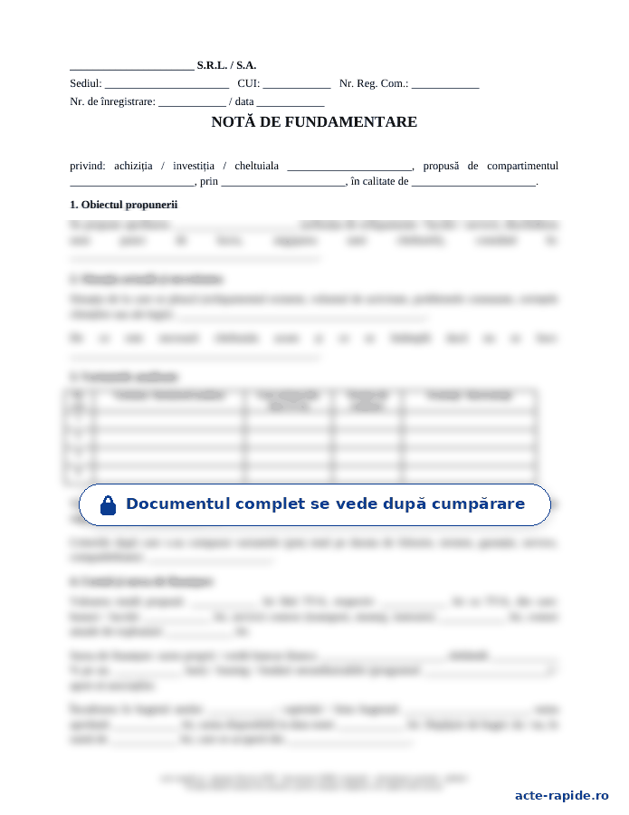 Model notă de fundamentare: prima pagină a modelului, parțial încețoșată