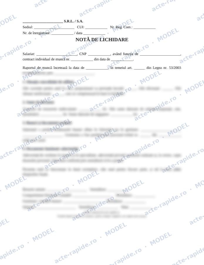 Model notă de lichidare la plecarea unui salariat: prima pagină a modelului, parțial încețoșată