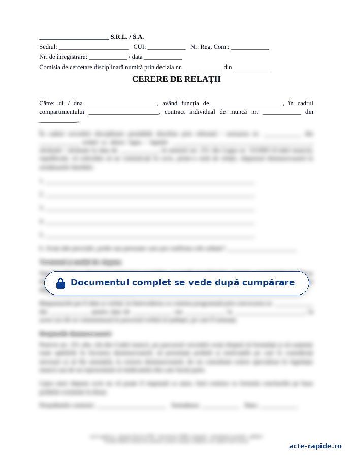 Model notă de relații: prima pagină a modelului, parțial încețoșată