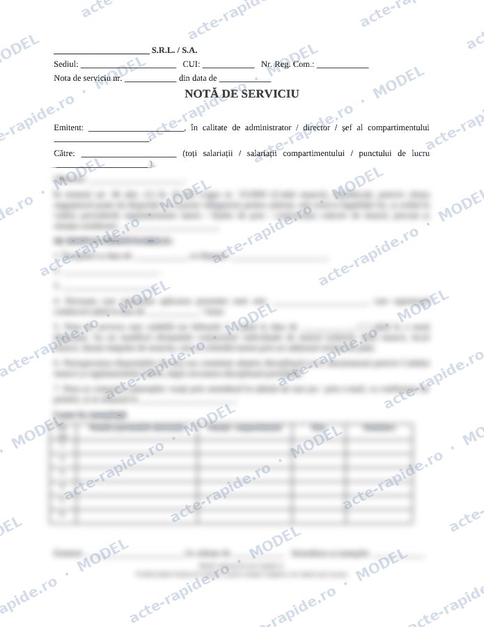 Model notă de serviciu: prima pagină a modelului, parțial încețoșată