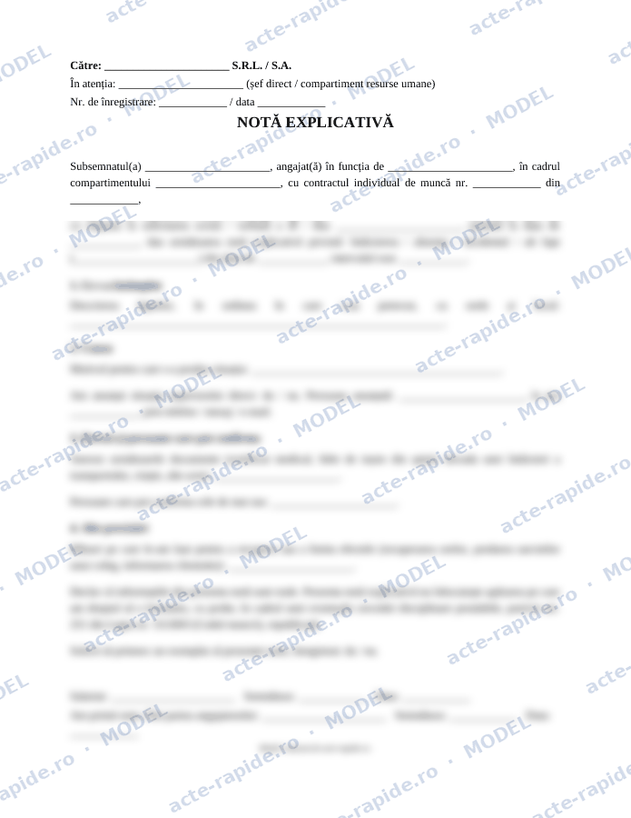 Model notă explicativă salariat: prima pagină a modelului, parțial încețoșată