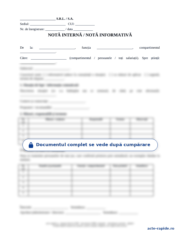 Model notă internă / notă informativă: prima pagină a modelului, parțial încețoșată