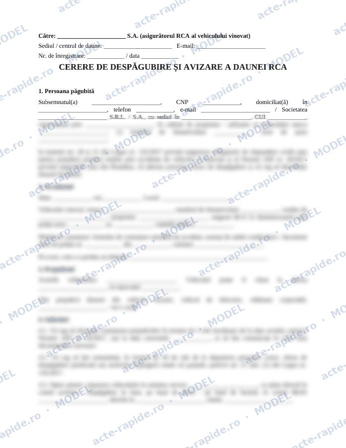 Model cerere de despăgubire RCA: prima pagină a modelului, parțial încețoșată