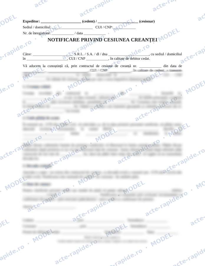 Model notificare cesiune de creanță: prima pagină a modelului, parțial încețoșată