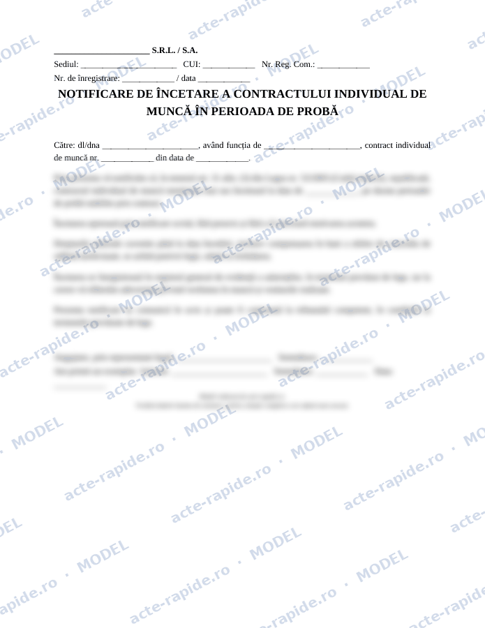 Model notificare de încetare a contractului în perioada de probă: prima pagină a modelului, parțial încețoșată