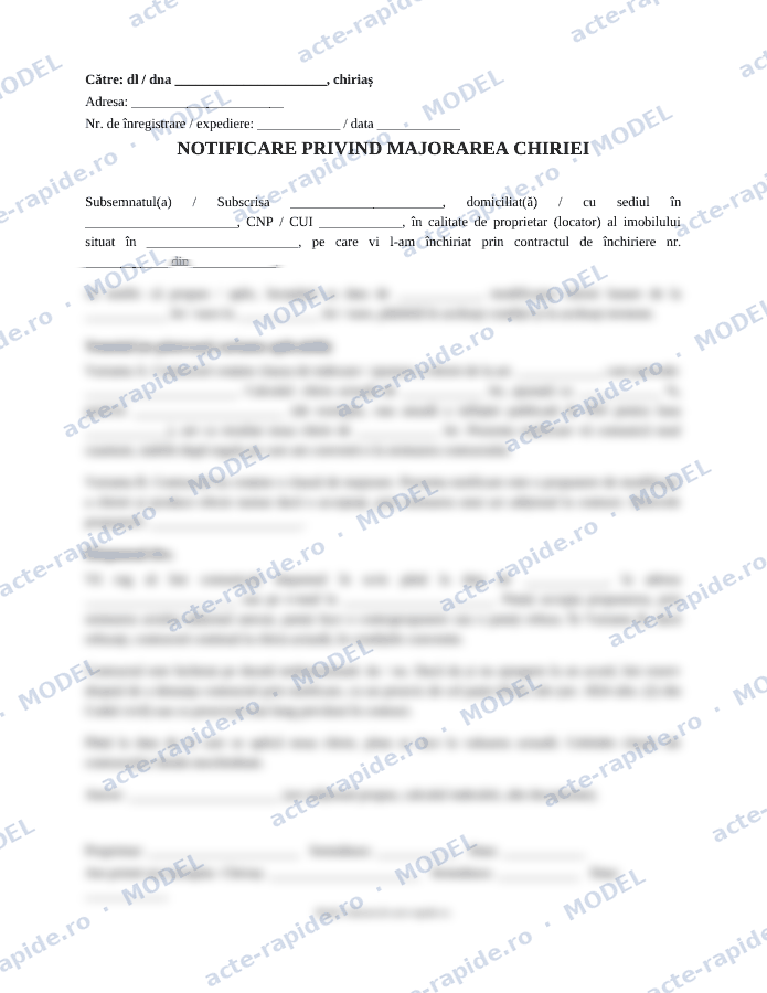 Model notificare majorare chirie: prima pagină a modelului, parțial încețoșată