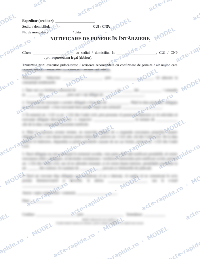 Model notificare de punere în întârziere: prima pagină a modelului, parțial încețoșată