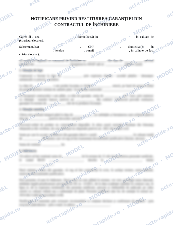 Model notificare restituire garanție chirie: prima pagină a modelului, parțial încețoșată