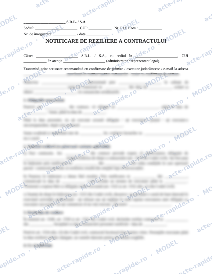 Model notificare de reziliere a contractului: prima pagină a modelului, parțial încețoșată