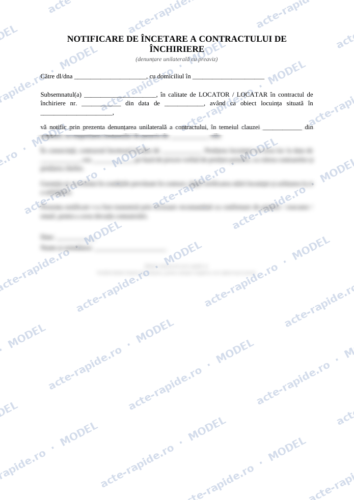 Model notificare de încetare a contractului de închiriere: prima pagină a modelului, parțial încețoșată