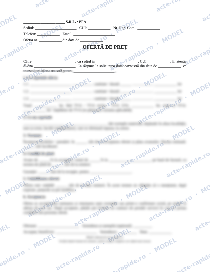 Model ofertă de preț pentru servicii: prima pagină a modelului, parțial încețoșată