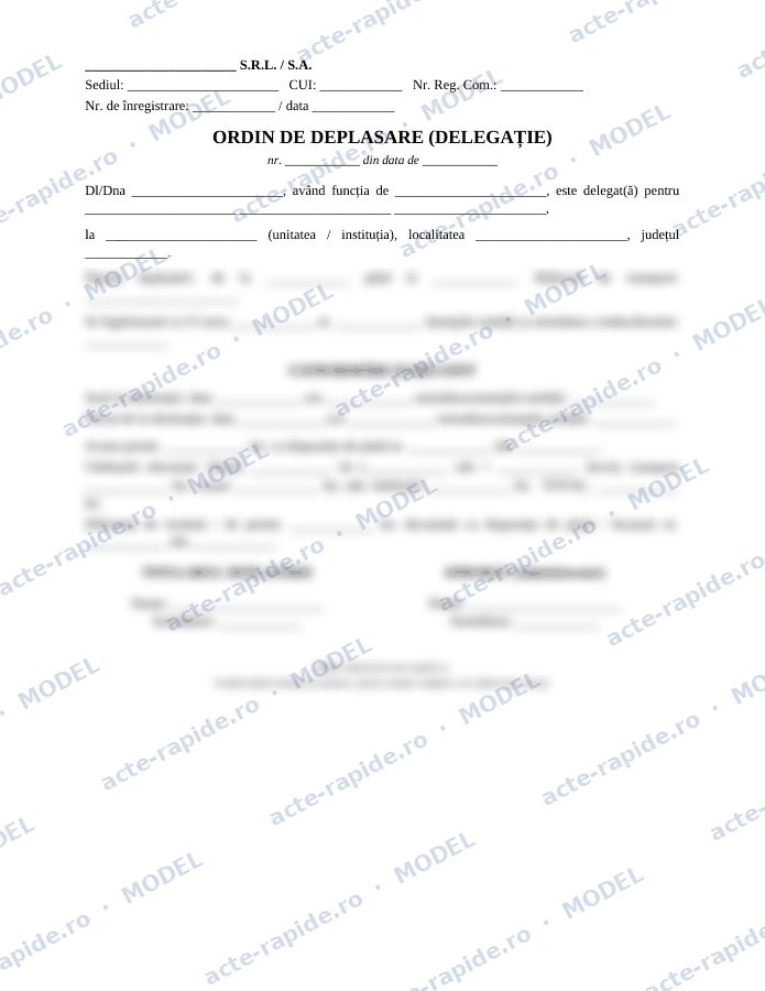 Model ordin de deplasare / delegație: prima pagină a modelului, parțial încețoșată