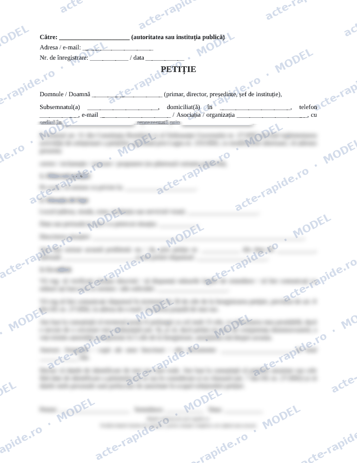 Model petiție către o autoritate publică: prima pagină a modelului, parțial încețoșată