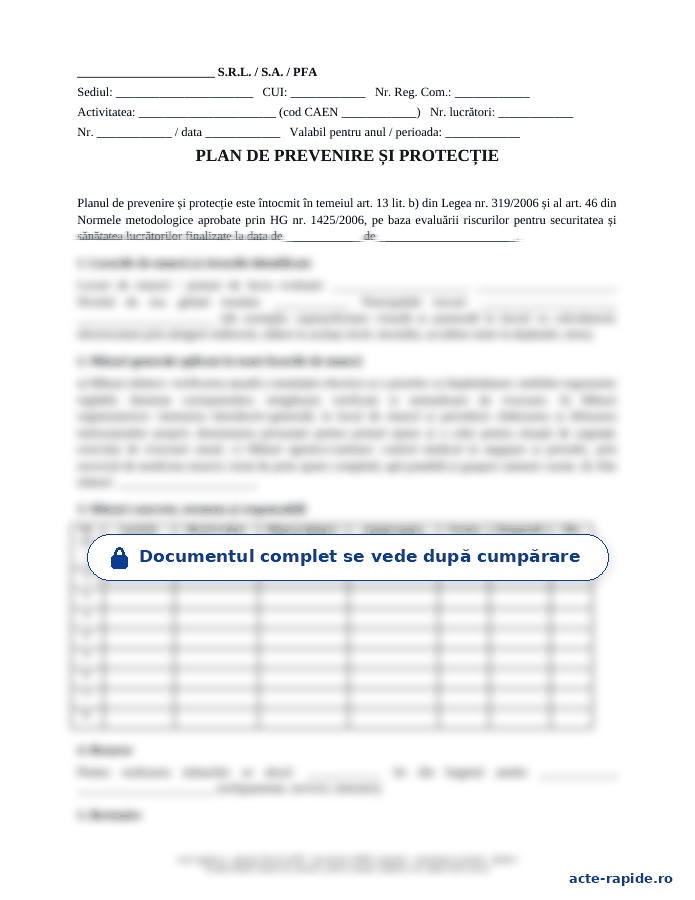 Model plan de prevenire și protecție: prima pagină a modelului, parțial încețoșată