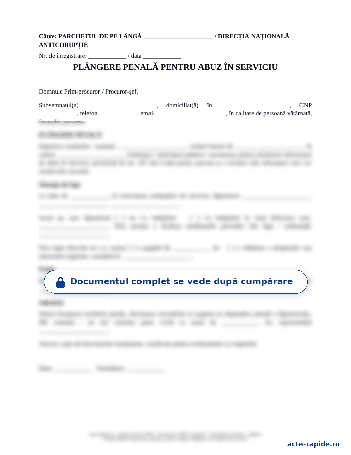 Model plângere penală pentru abuz în serviciu: prima pagină a modelului, parțial încețoșată