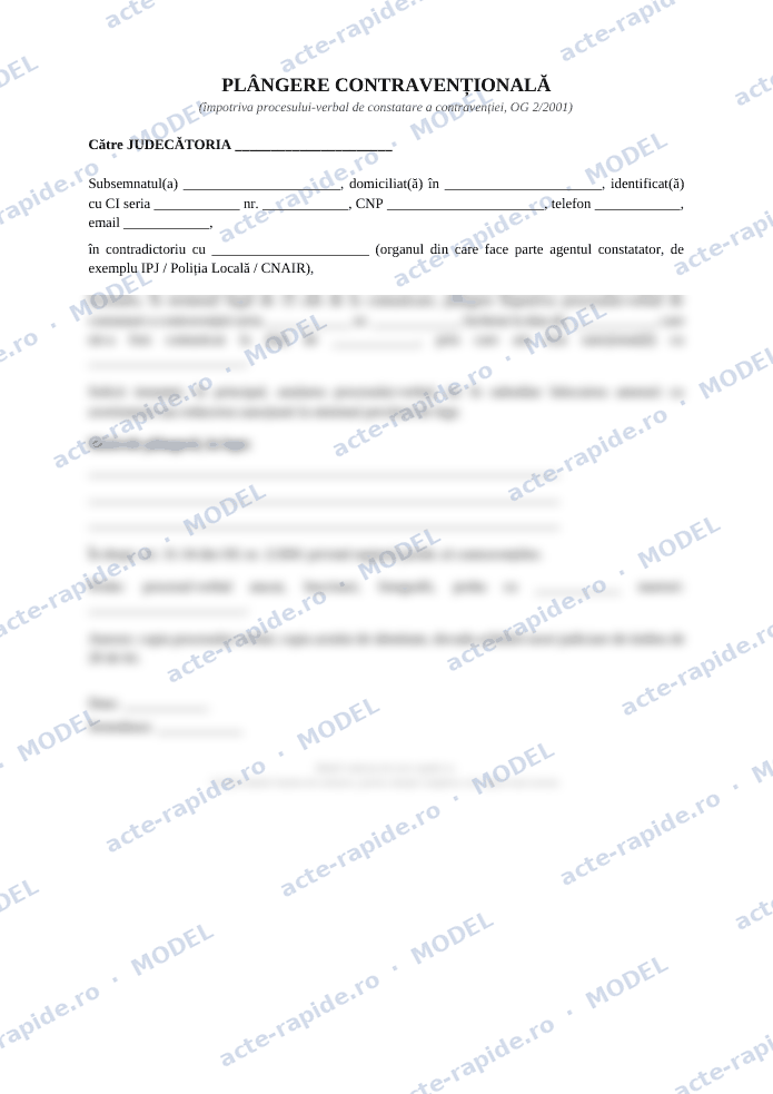 Model plângere contravențională: contestă amenda: prima pagină a modelului, parțial încețoșată