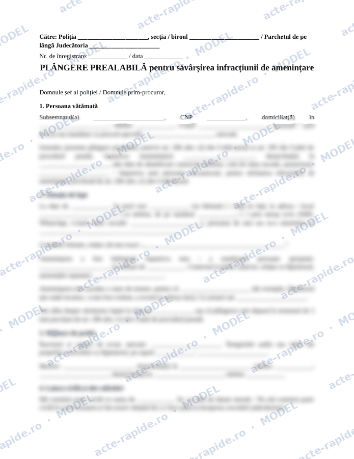 Model plângere penală pentru amenințare: prima pagină a modelului, parțial încețoșată