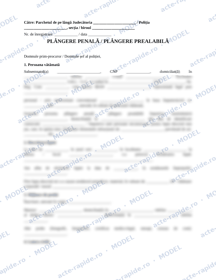 Model plângere penală: prima pagină a modelului, parțial încețoșată