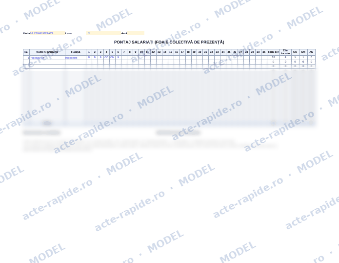 Model pontaj salariați în Excel: prima pagină a modelului, parțial încețoșată