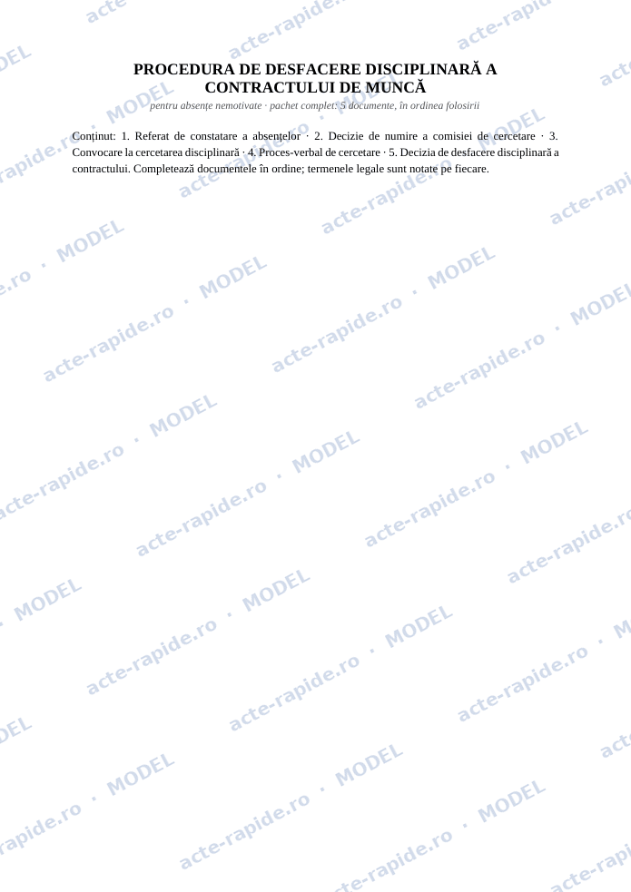 Procedura de concediere pentru absențe nemotivate, cu documentele întocmite: prima pagină a modelului, parțial încețoșată
