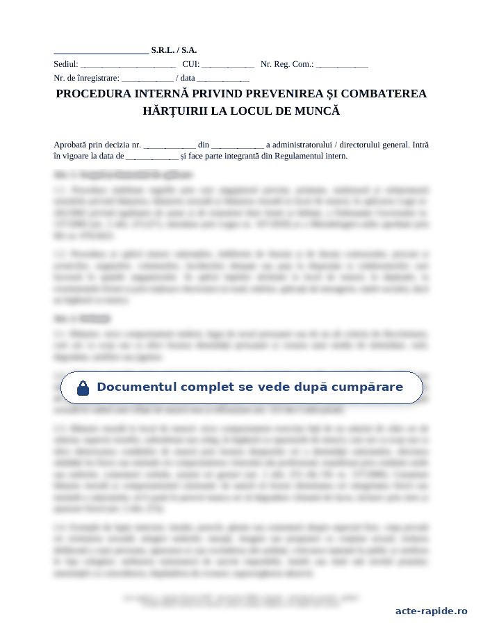 Model procedură internă de prevenire și combatere a hărțuirii: prima pagină a modelului, parțial încețoșată