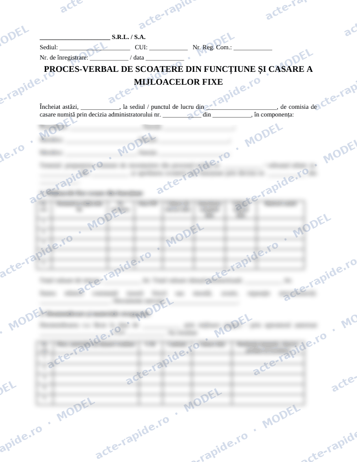 Model proces-verbal de casare a mijloacelor fixe: prima pagină a modelului, parțial încețoșată