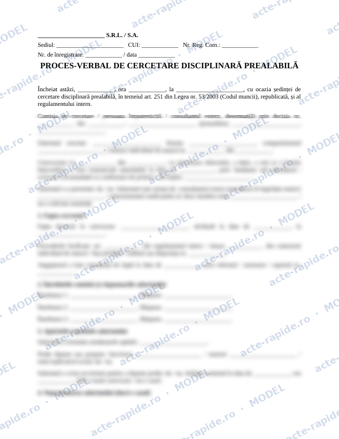 Model proces-verbal de cercetare disciplinară: prima pagină a modelului, parțial încețoșată