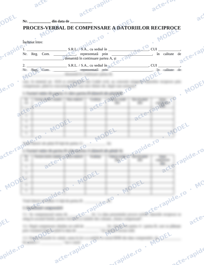 Model proces-verbal de compensare a datoriilor reciproce: prima pagină a modelului, parțial încețoșată