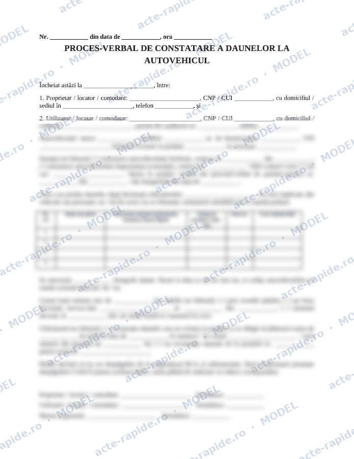 Model proces-verbal de constatare a daunelor auto: prima pagină a modelului, parțial încețoșată