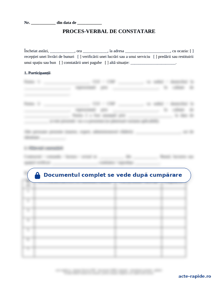 Model proces-verbal de constatare: prima pagină a modelului, parțial încețoșată