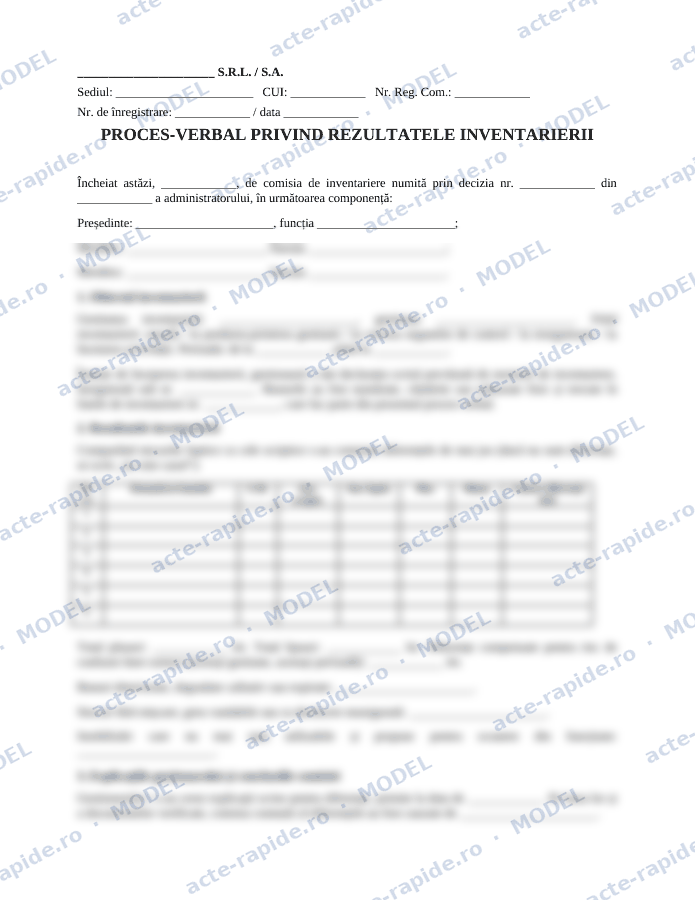 Model proces-verbal de inventariere: prima pagină a modelului, parțial încețoșată