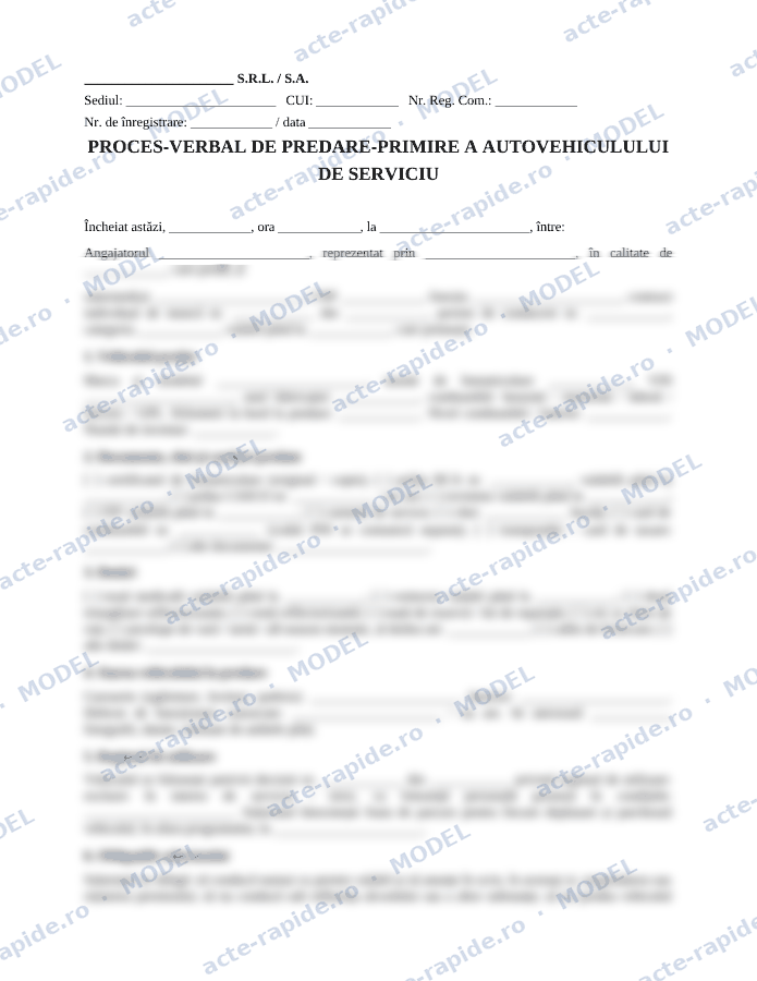 Model proces-verbal de predare a mașinii de serviciu către angajat: prima pagină a modelului, parțial încețoșată