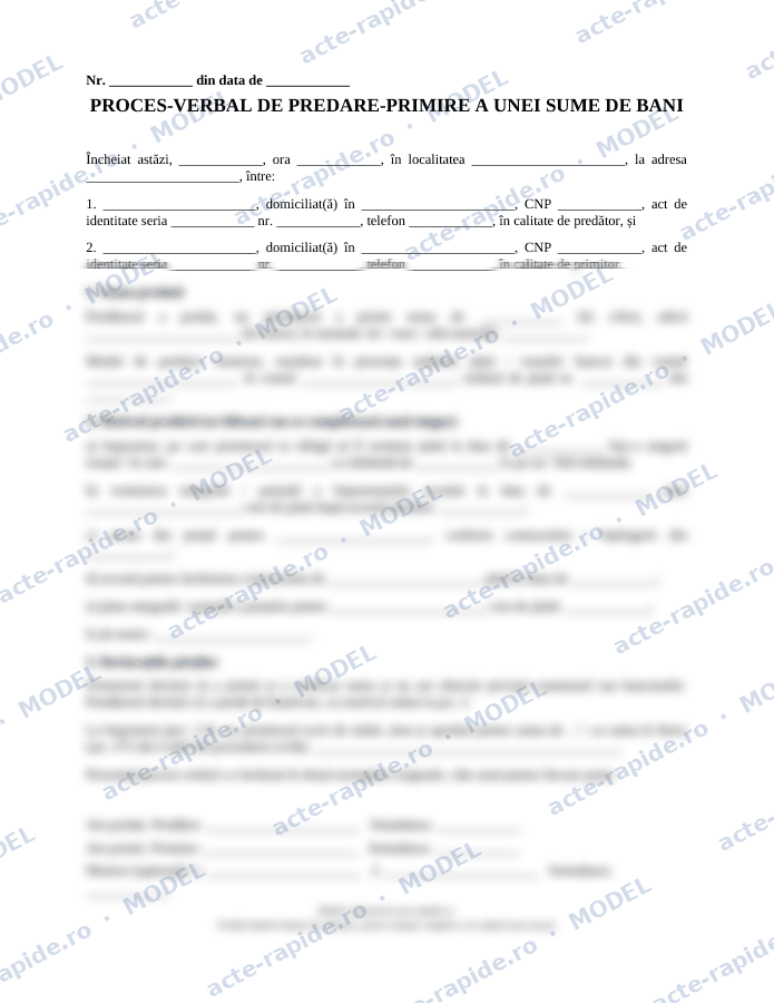 Model proces-verbal de predare-primire bani: prima pagină a modelului, parțial încețoșată